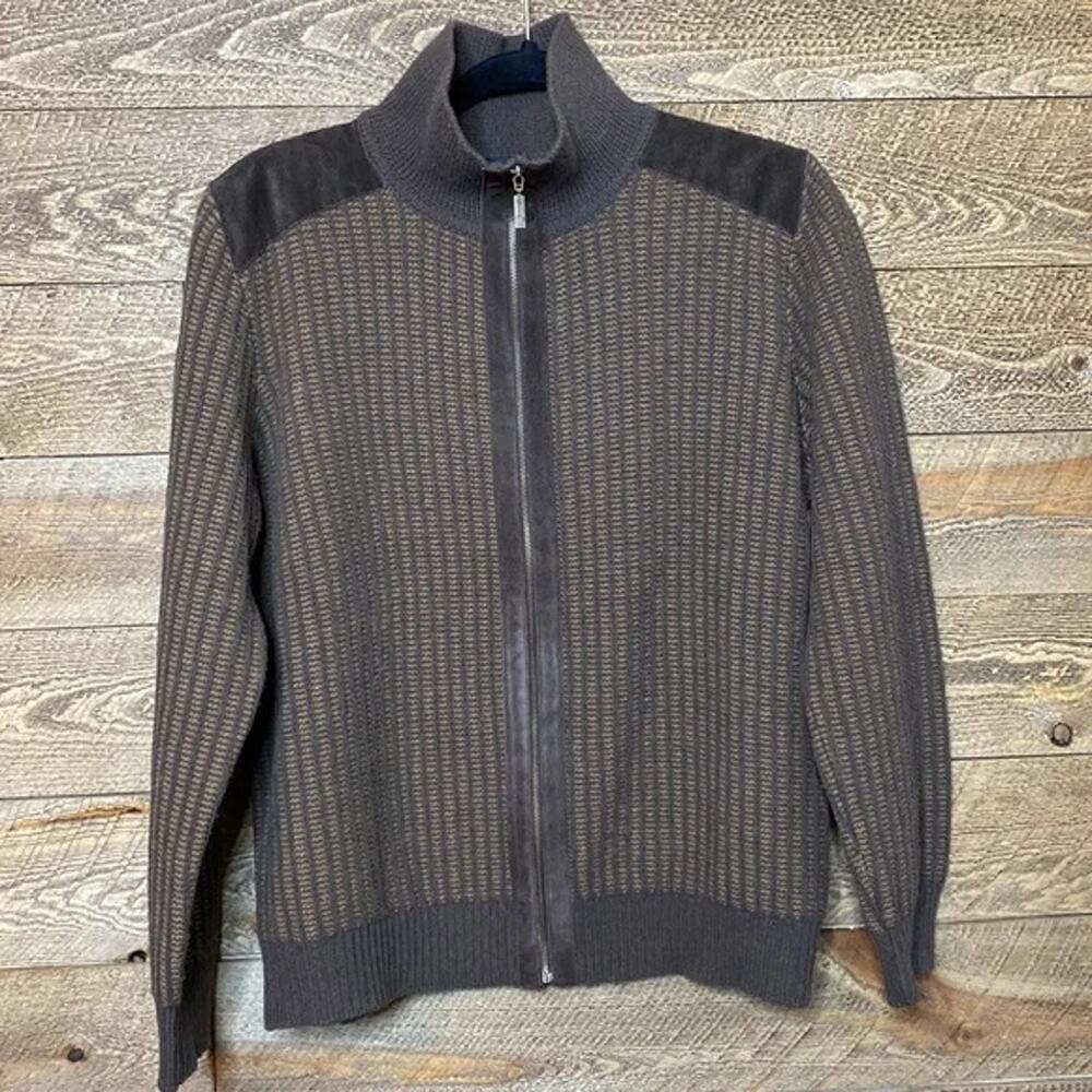 Men’s Moncler Italian Brown zipper front sweater with leather accents Size Large